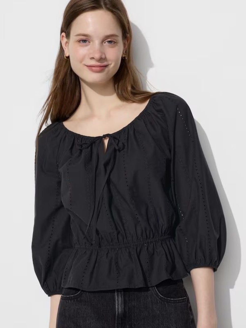 NWT Women’s Uniqlo Embroidery Blouse 3/4 Sleeve in Black Size Medium